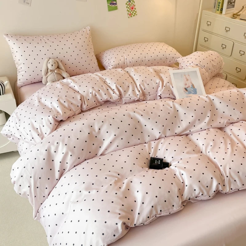 3pcs Satin Duvet cover set (1*Duvet Cover + 2*Pillowcase, Without Core), Black dot print Bedding Set, Soft Comfortable