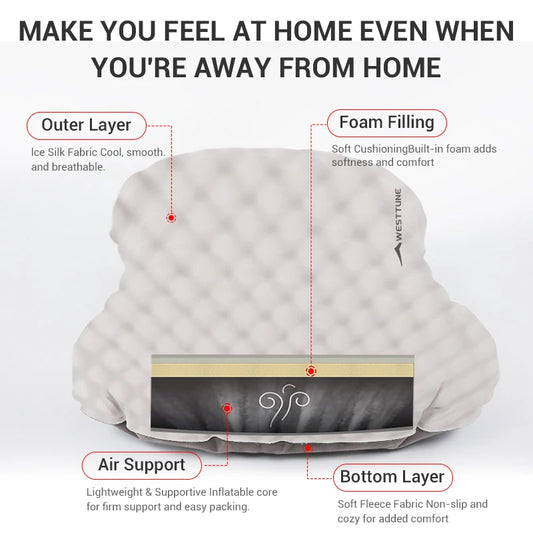 WESTTUNE Camping Inflatable Pillow Portable Compressible Folding Ice Sillky Pillow Outdoor Travel Pillow for Neck Lumbar Support