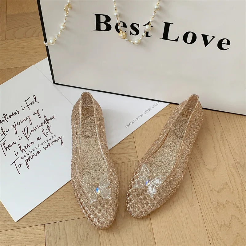 Fashion Crystal Butterfly Jelly Sandals Clear Sequin Outdoor Beach Flat Shoes Causal Comfort Vacation Mesh Breathable Footwears