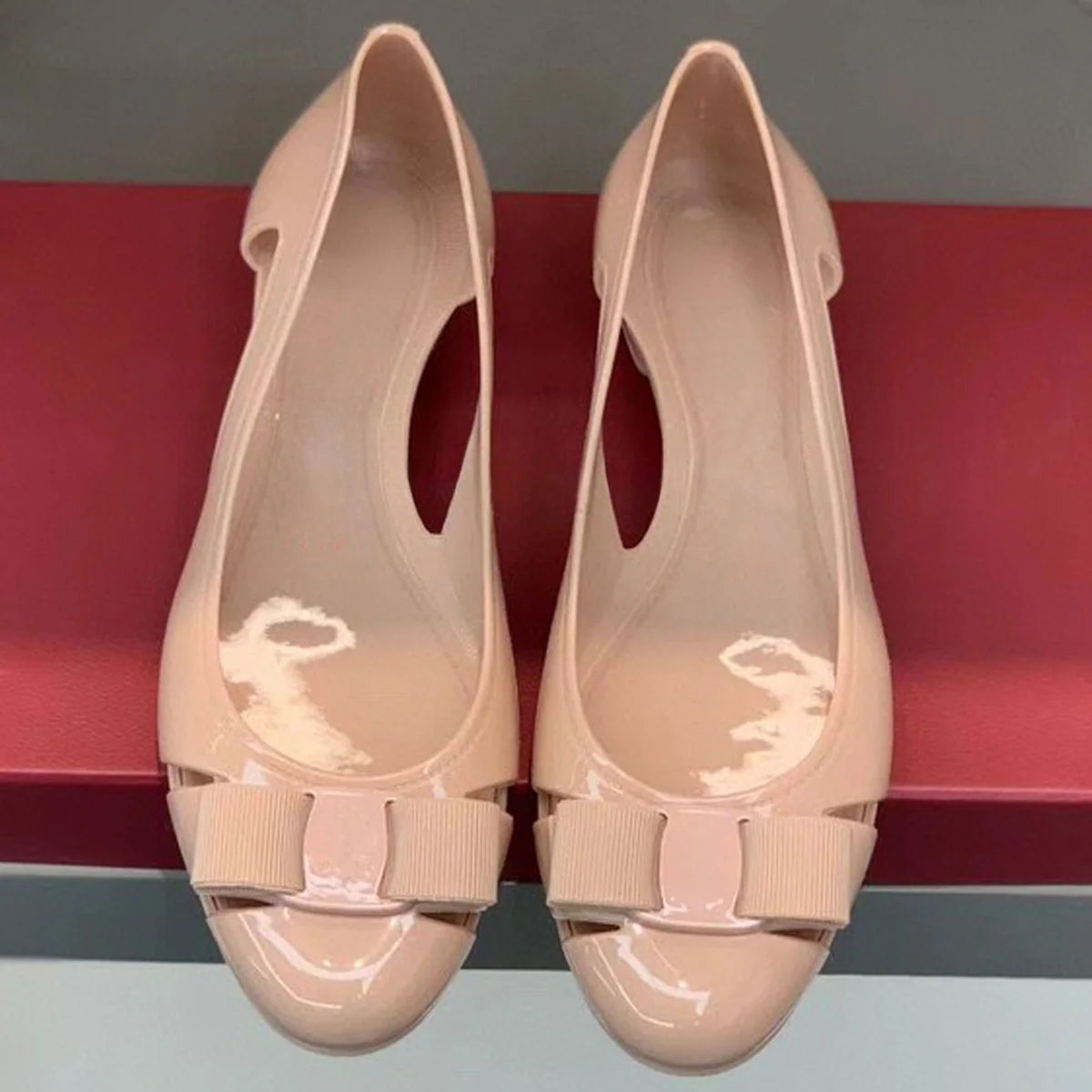 2026 Women's Jelly Round Toe Bowknot Flat Shoes, Elegant Cutout Slip-On Sandals for Summer Daily & Vacation YYT26042102