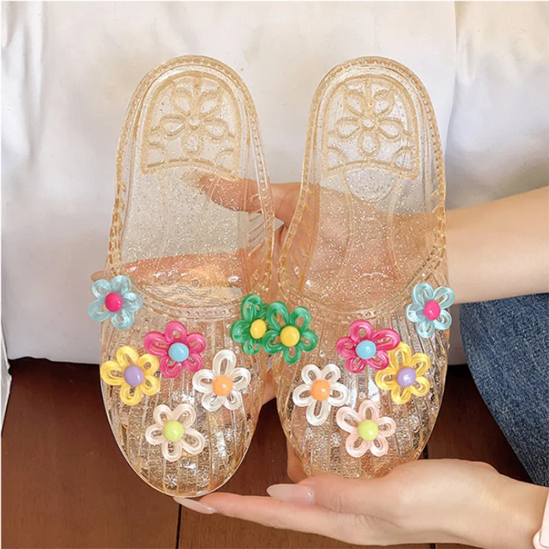 Fashionable Jelly Shoes Women's 2026 Summer Korean Style DIY Colorful Flower Mules Sandals Woman Transparent Crystal Beach Slide