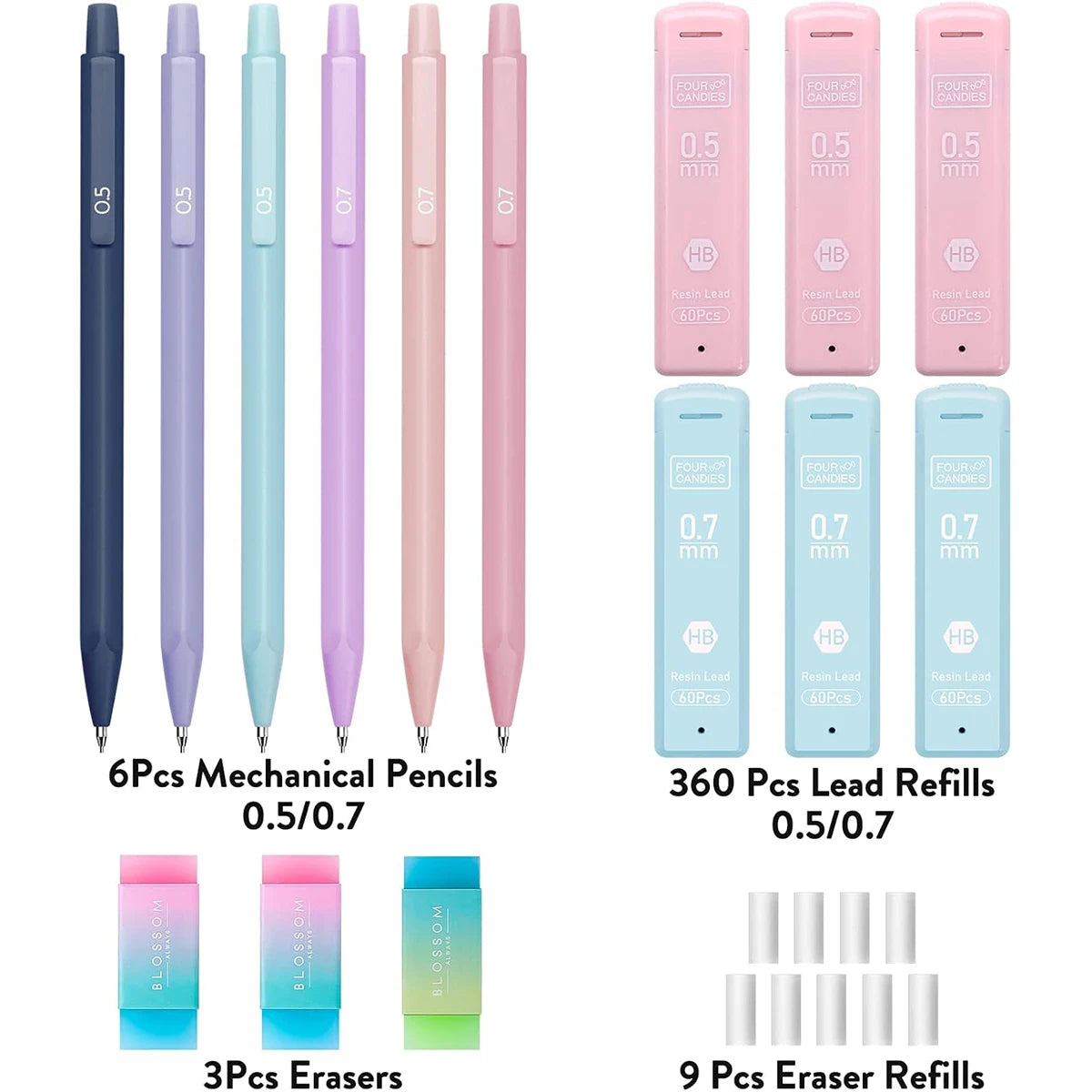 Cute Mechanical Pencil Set 6 Pastel Mechanical Pencils 0.5 0.7mm 120 HB Leads 3 Erasers 9 Eraser Refills Aesthetic School Supply
