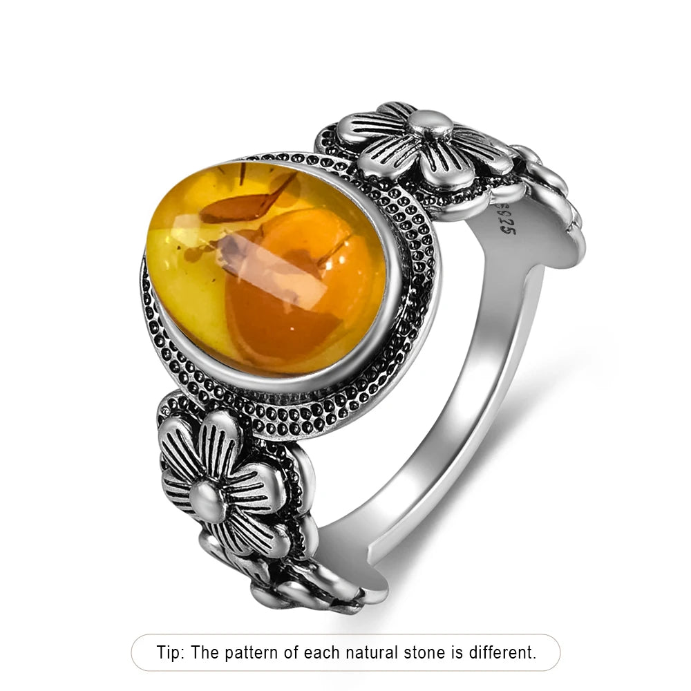 Vintage S925 Sterling Silver Rose Flower Ring With Oval 8*10mm Natural Moonstone Sweet Ring Fine Jewelry For Woman