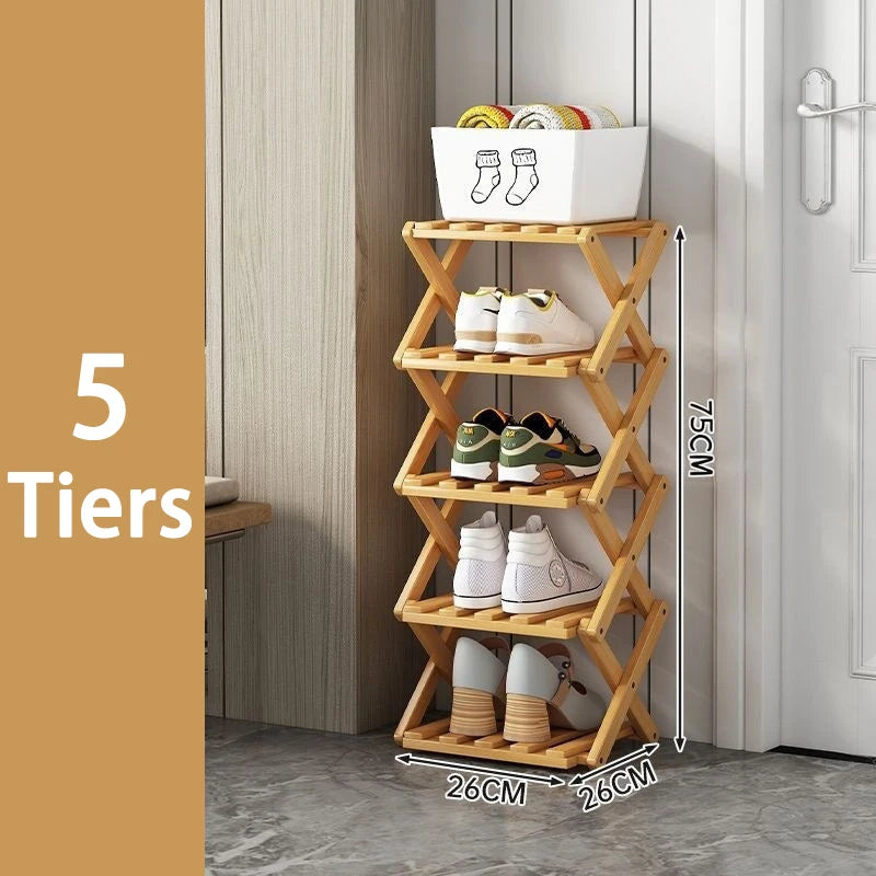 2-9 Tiers Bamboo Shoe Rack Without Installation Small Shoe Rack, Foldable Shoe Storage Rack, Shoe Organizer for Entryway