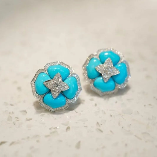Luxury and fashionable turquoise earings stud with silver inlaid blue flower earrings for women classic wedding jewelry gift