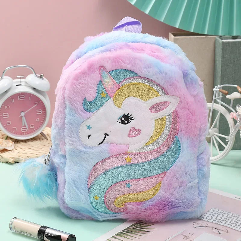 Unicorns Cartoon School Book Bag Backpacks Cute Fashion 3D Fur Backpacks For Girls Travel Backpack Children Schoolbag Kids Gift