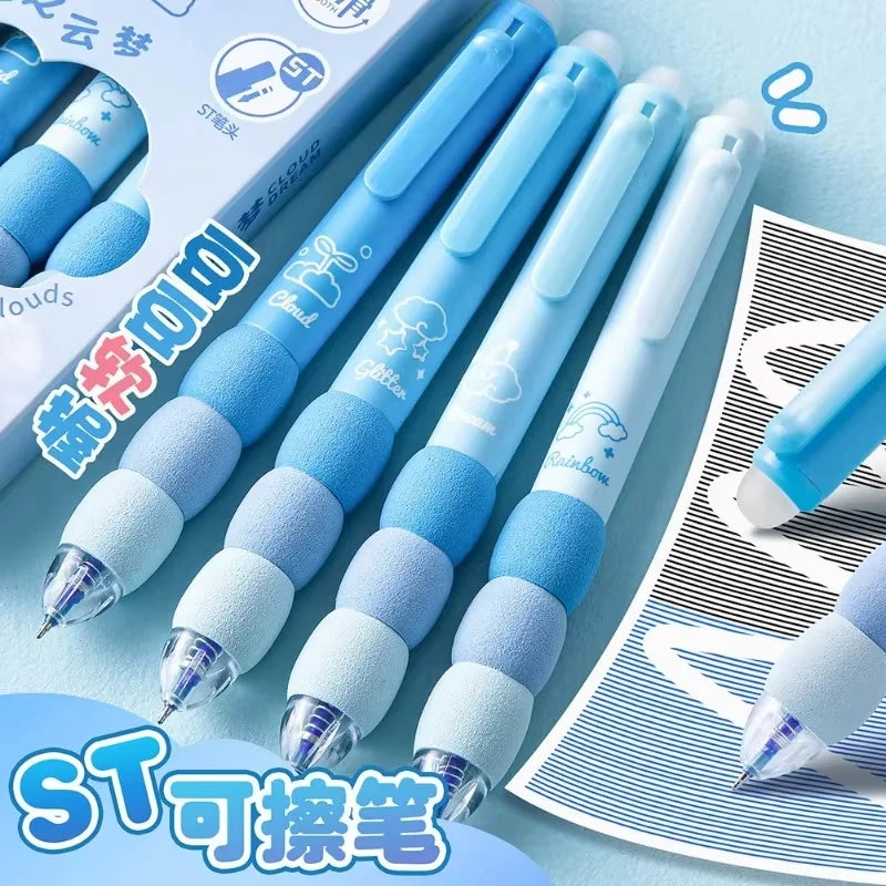4PCS/Box Soft Cloud Grip Erasable Press Gel Pen ST Tip Quick Drying Ballpoint Pen Student 0.5mm Black Ink Office Accessories