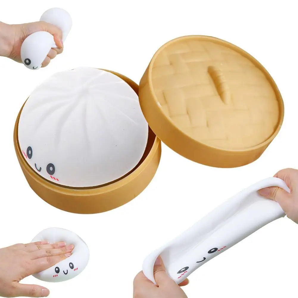 Colorful Dumpling Squishes Stress Balls Fidget Sensory Toys Simulation Food Squishies Bun with Steamer Squeeze Dough Ball Gifts
