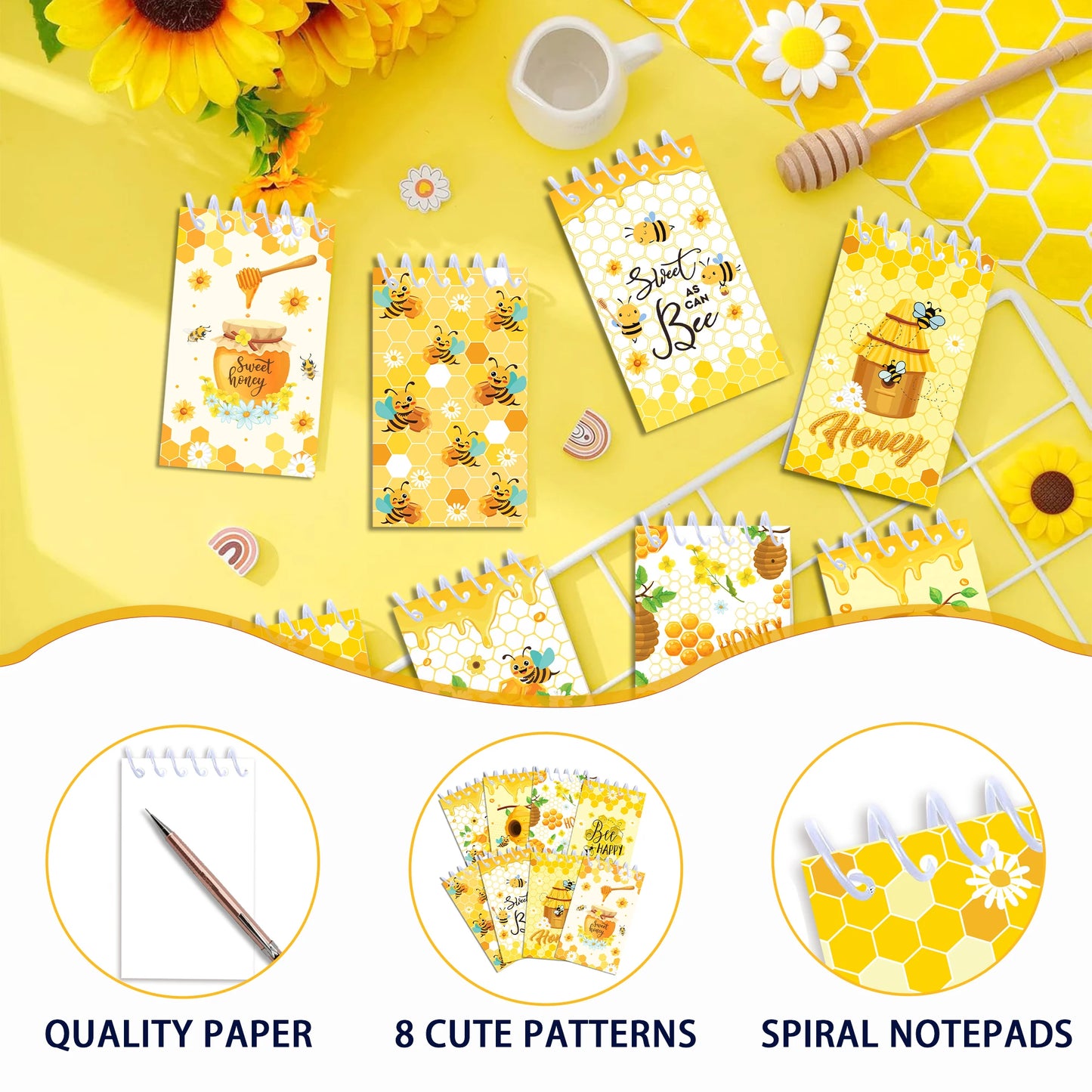 8pcs Honey Bee Theme Mini Spiral Pocket Notebooks Memo Pad Coil Booklet Notepads For Gifts Office Stationery School Diaries
