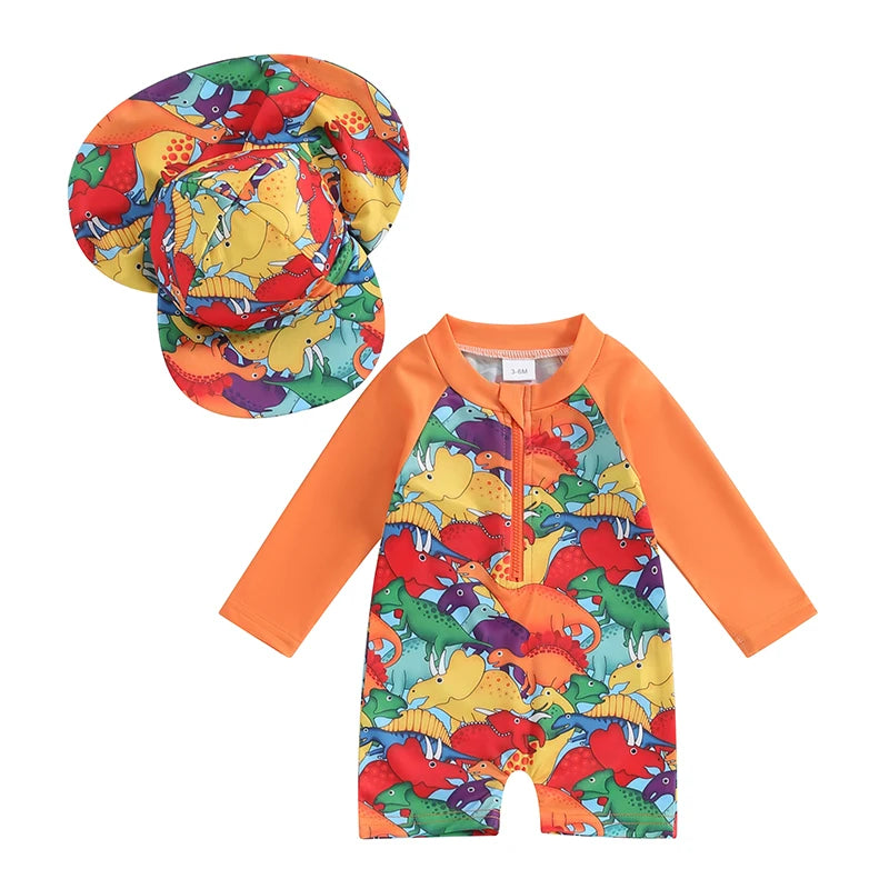 Tregren Toddler Boys Rash Guard Swimsuit Long Sleeve Turtle/Dinosaur Print Infant Bathing Suit Swimwear with Swim Caps Beachwear
