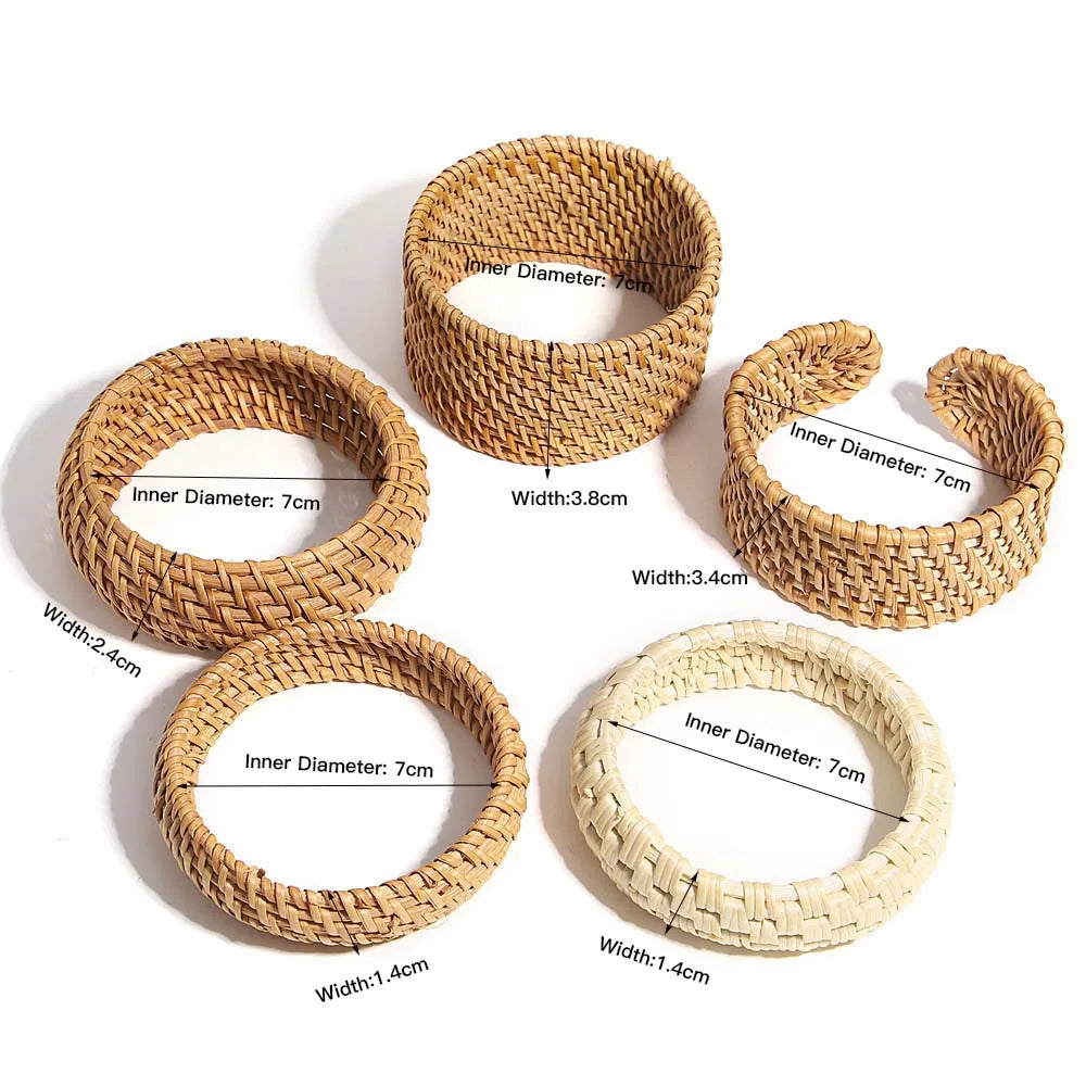 Amorcome Bohemian Wicker Rattan Weave Handmade Bangles Bracelets For Women Boho Chunky Beach Style Ladies Ethnic Straw Jewelry