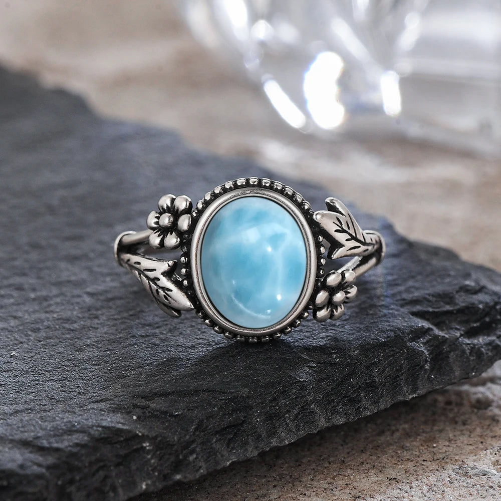 Vintage S925 Sterling Silver Natural 8*10mm Larimar Stone Ring Gift Flower leaf Shaped Moonstone Ring Fine Jewelry For Women