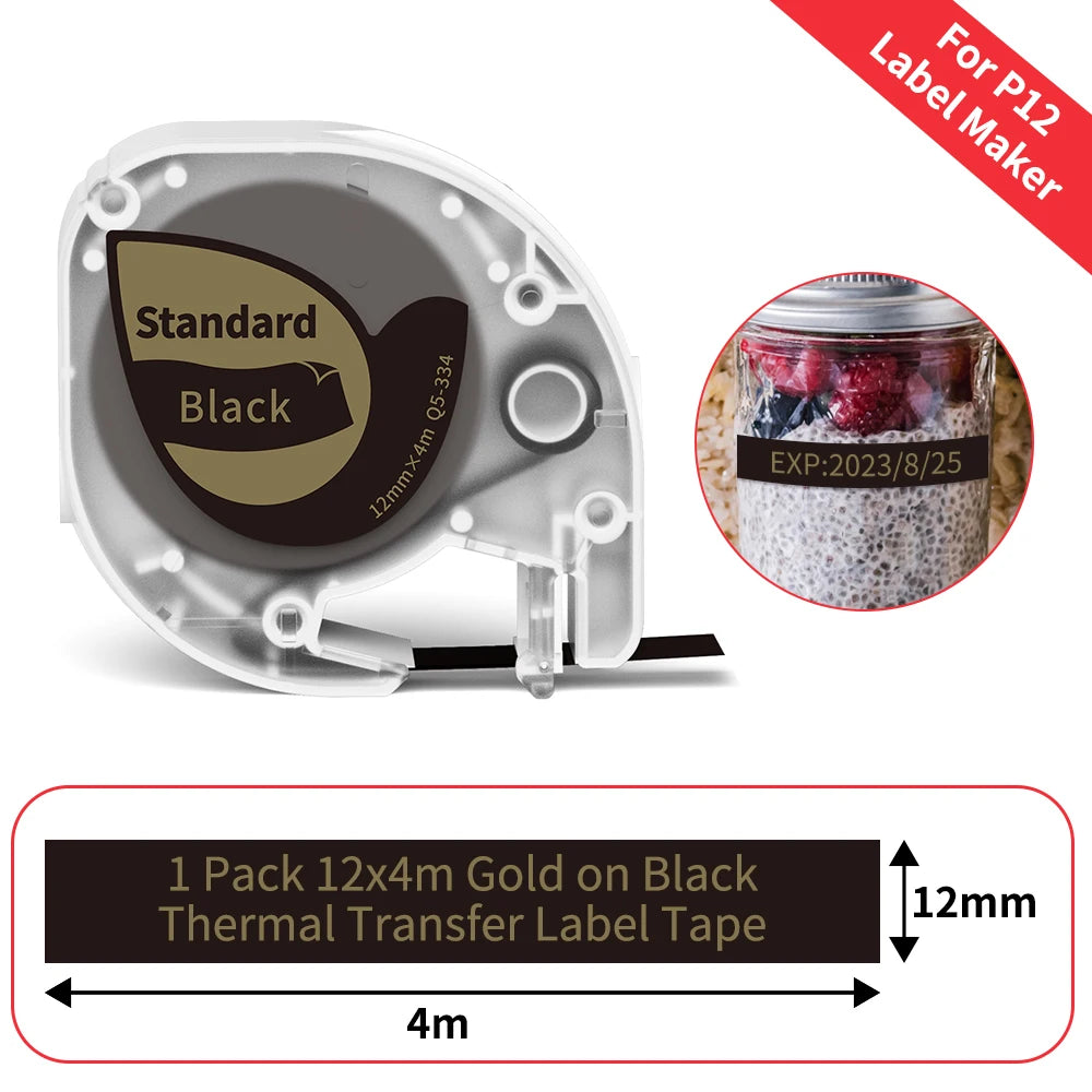 P12 Label Tape Compatible with Dymo LetraTag 200B Refills LT-100H Label Replacement for Phomemo P12 PRO Label Maker 12mm x 4m