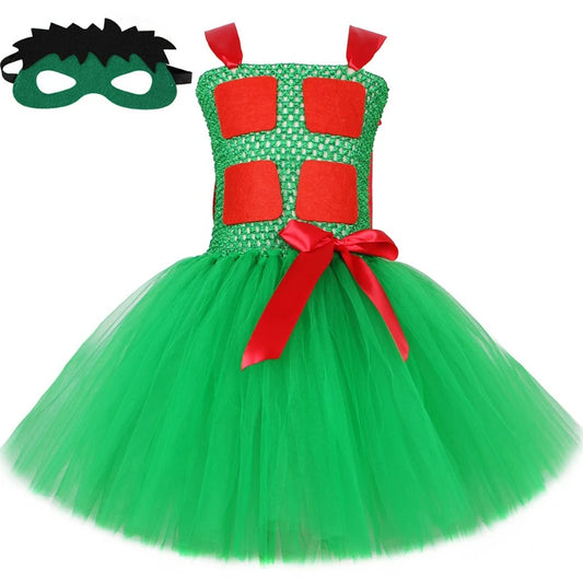 Girls Green Superhero Tutu Dress with Mask – Halloween Costume Set, 12 Months–12 Years