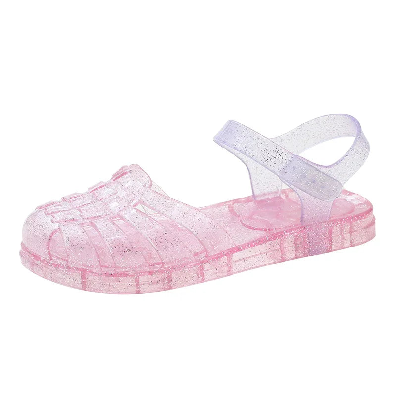 New Summer Kids Crystal Jelly Princess Clogs Sandals for Baby Girls Roman Soft Sole Beach Shoes Non Slip Flat Fun Children Shoes