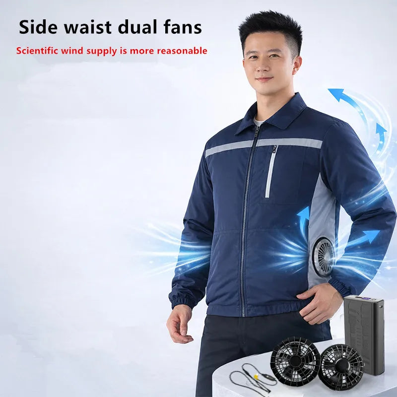 New Men'S Outdoor Fishing With Fan Clothes Construction Site Driving Heatstroke Prevention Cooling Work Coat(Without Power Bank)