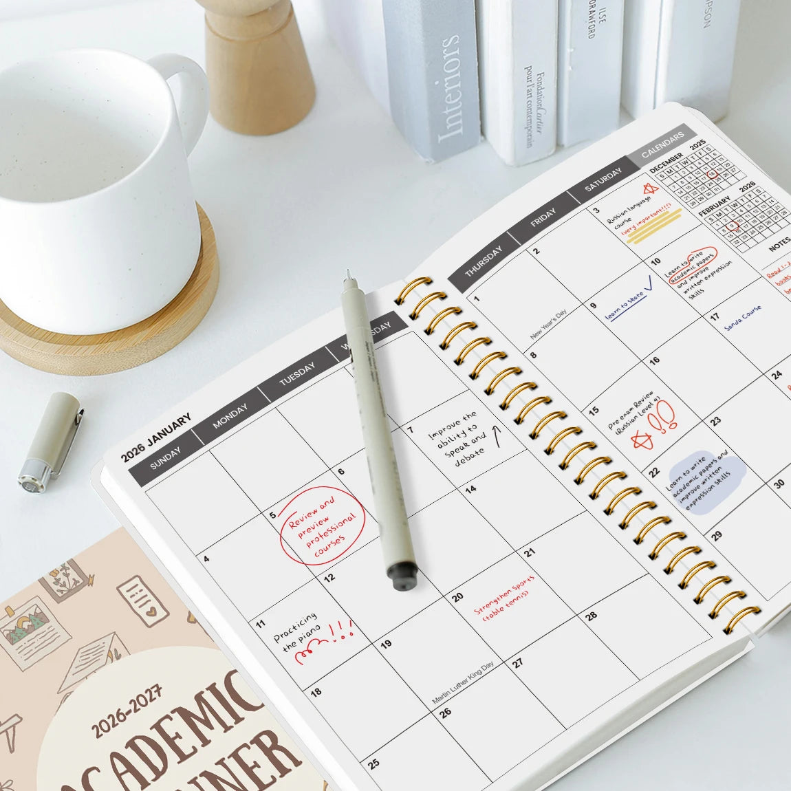 A5 2026-2027 Academic Planner Weekly Monthly Organizer, Jan 2026 to Dec 2027, School Student Teacher Spiral Notebook Calendar