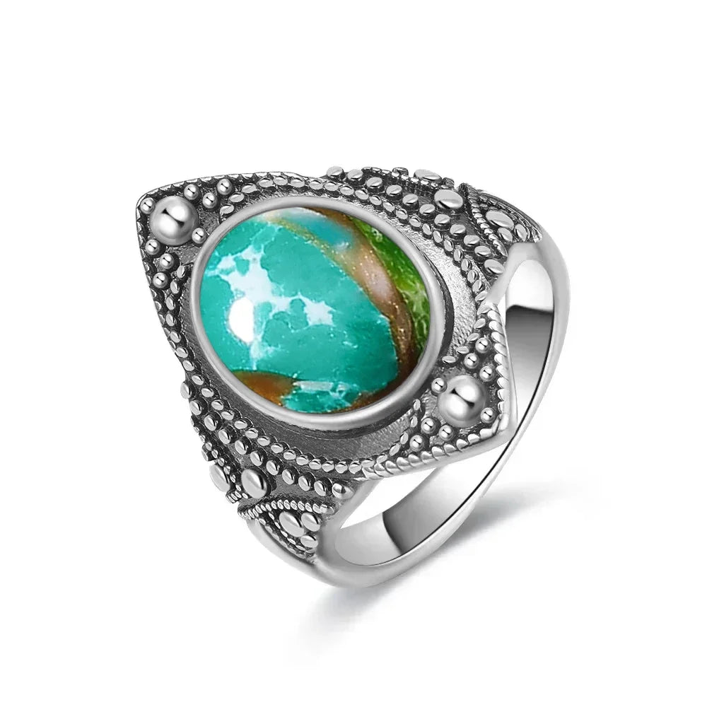Vintage S925 Sterling Silver Ring with Oval Natural Emperor's Stone Flower Shape Hollow out Ring Fine Jewelry for Women