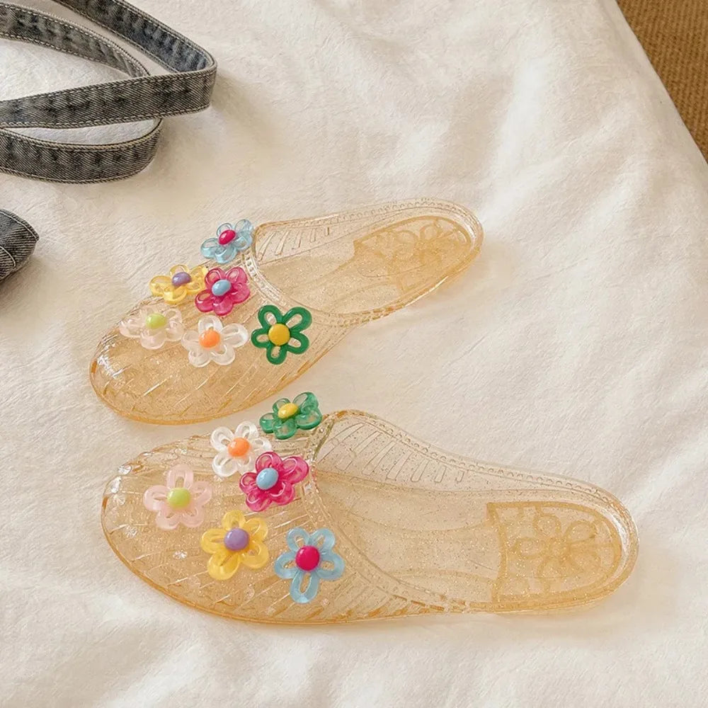 Fashion Women Jelly Slides Sandals Crystal Transparent Beach Slippers Flower Charm Flat Half Shoes Summer Outdoor Casual Sandal