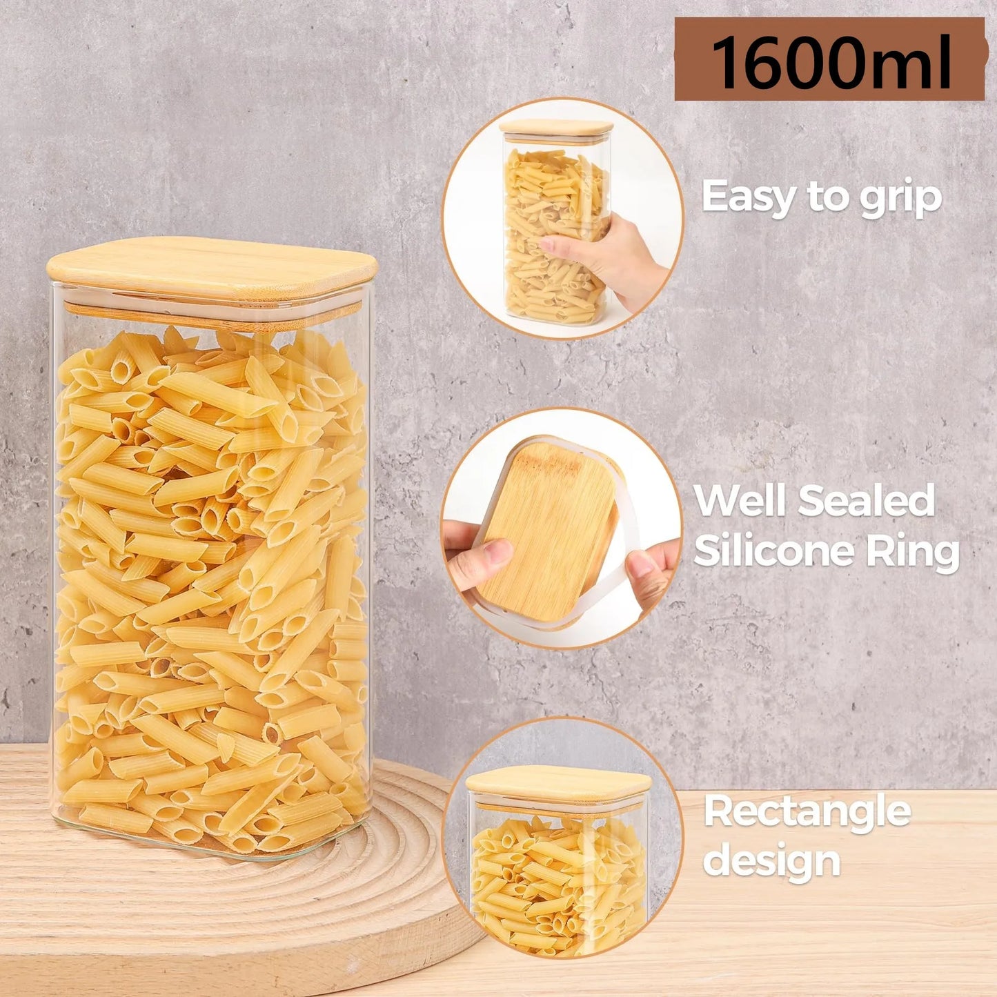 Rectangle Clear Storage Jars with Bamboo Lids For Sugar Coffee  Pantry Organizer Container for Pasta Tea Candy Nuts