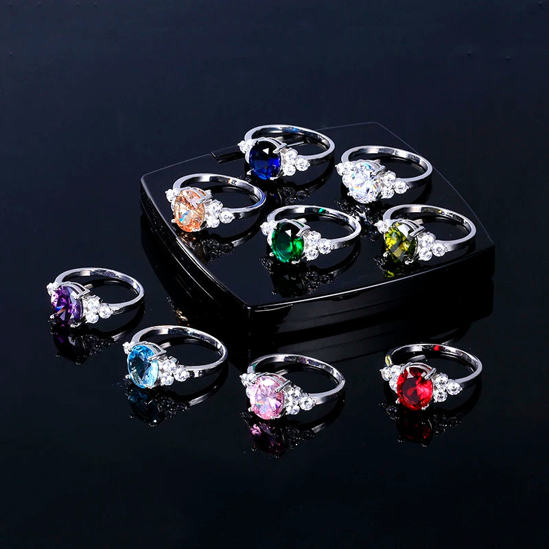 Women's Jewelry S925 Silver Rings White Pink Light Blue Champagne Zircon Oval Wedding Ring