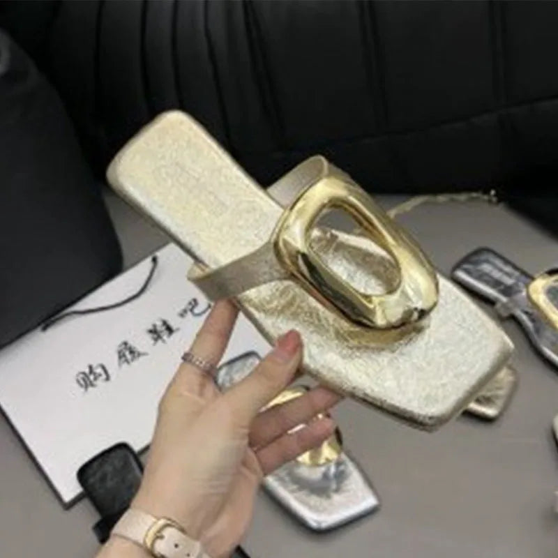 Women's Summer Square Toe Open Toe Flip-Flops Slipper Outdoor Versatile Toe Clip Casual Flat Metal Buckle Niche Sandals