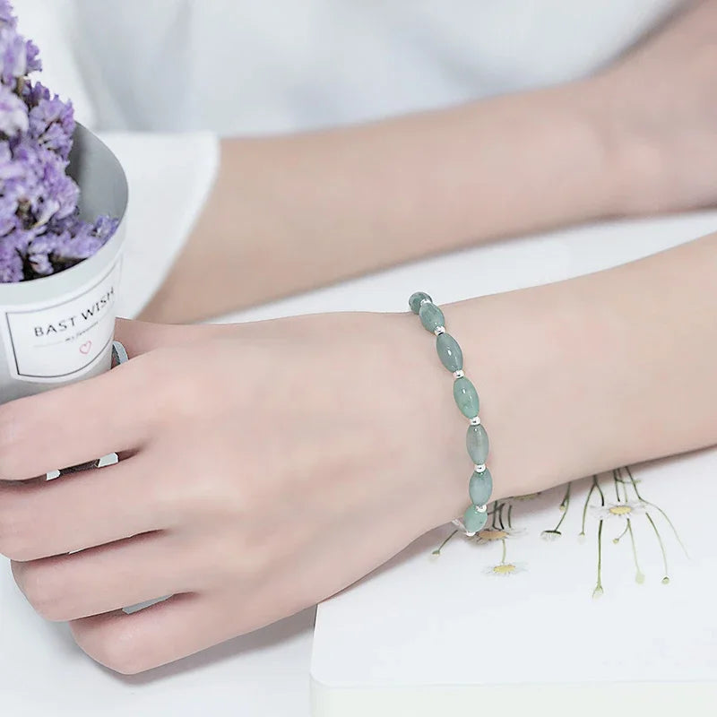 Ruifan Oval Natural Stone Green Jade Pure 925 Sterling Silver Bangle Bracelets for Women S925 Fine Jewelry Accessories YBR098