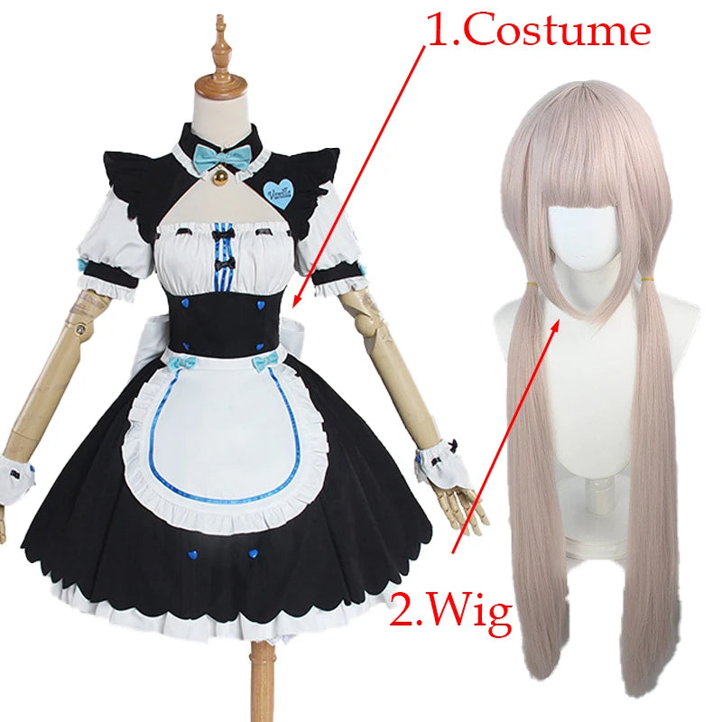NEKOPARA Cosplay Chocola Vanilla Cosplay Maid Dress  Women Girls Full Set  Cute Lolita Halloween Party Outfits with Wig