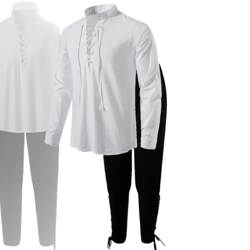 2Pcs Retro Vintage Medieval Renaissance Cosplay Costume Outfits Pirate Viking  Halloween Casual Daily LARP Ren Faire Shirt Pants