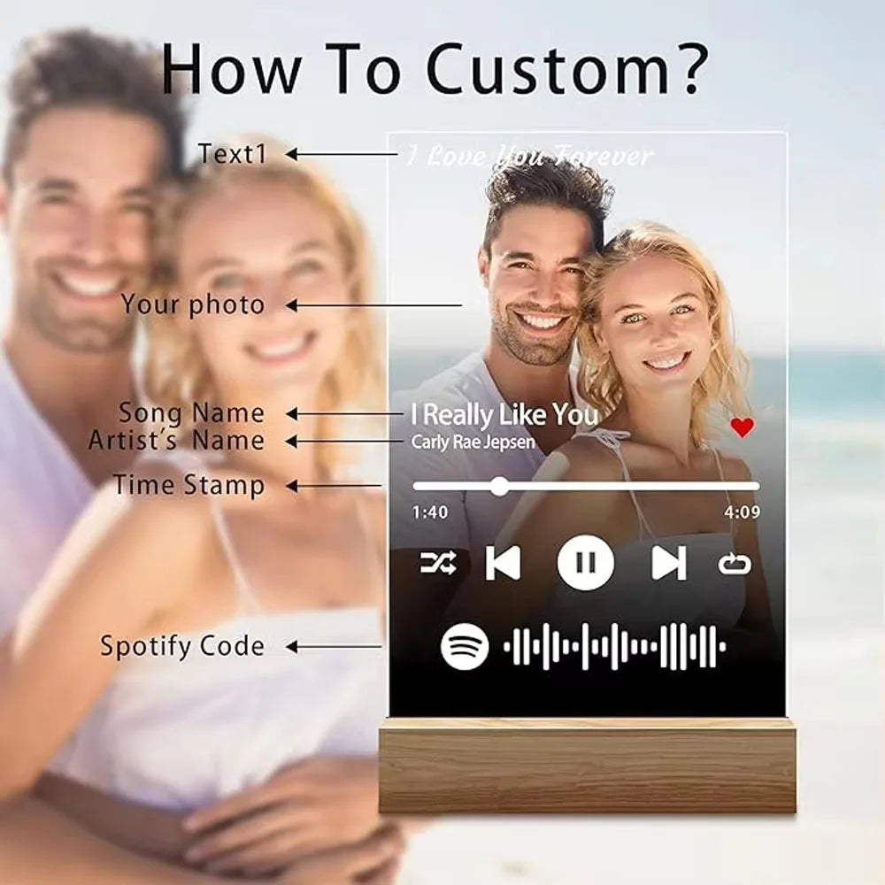 Custom Spotify Music Plaque Gifts For Anniversary Personalized Acrylic Photo Frame Lamp Couple Birthday Wedding Gifts For Lover