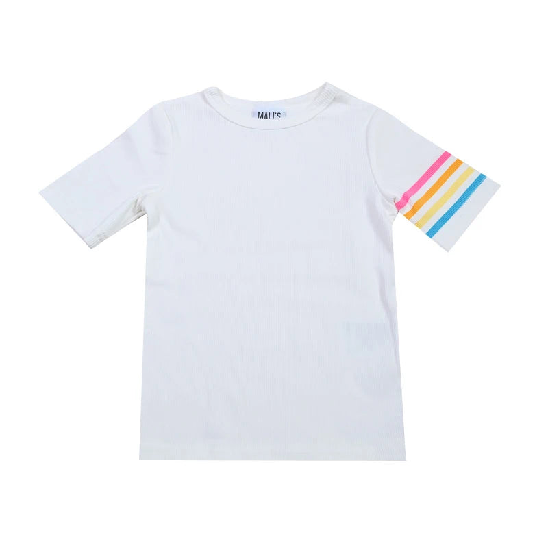 Summer kids clothes denim blue boy and girl dress t-shirt top set baby romper skirt colorful embroidery stripes children outfit