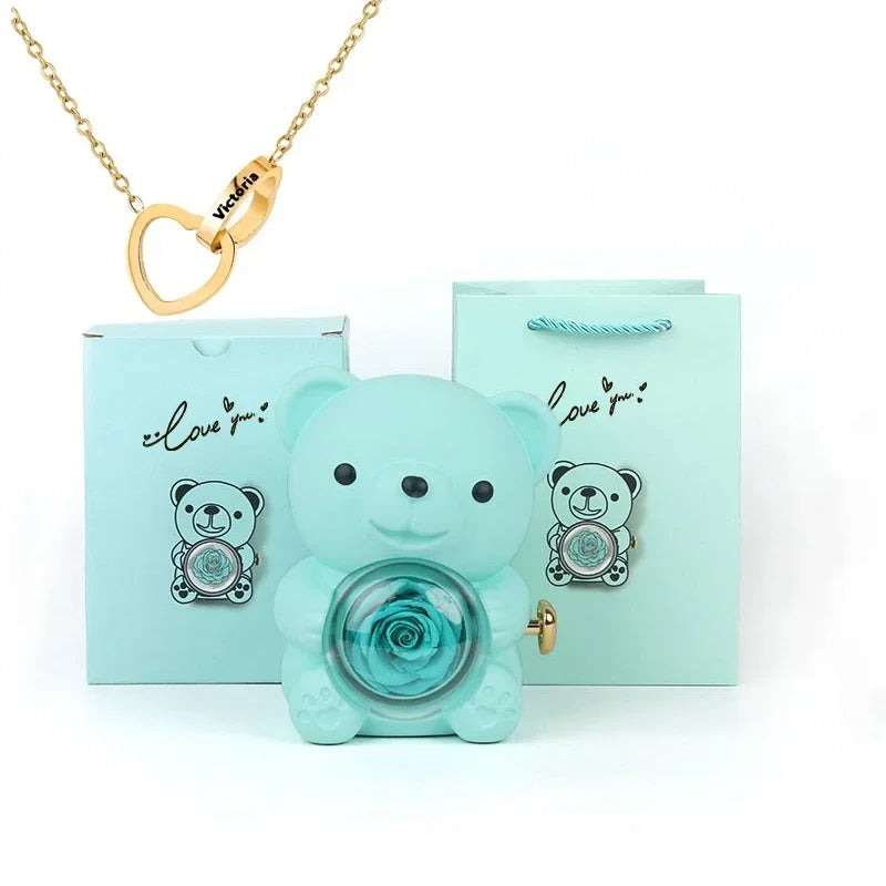 Mini Delicate Heart Engraved Necklace Lovely Bear Jewelry Boxes Valentine's Day Mother Day Birthday Gift Paper Bag Set