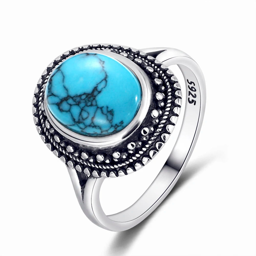 S925 Silver Oval Natural Turquoise Rings for Men Women Silver Fine Jewelry