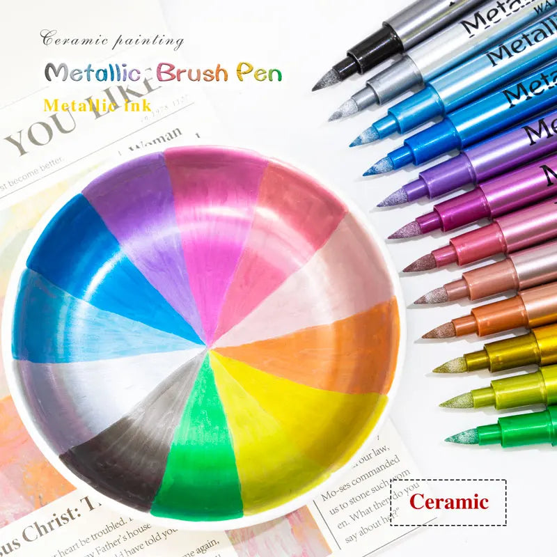 12 Colors Brush Metallic Paint Markers Pens for Rock Painting Stone Ceramic Wood Fabric Pebbles Scrapbook Journals Photo Albums