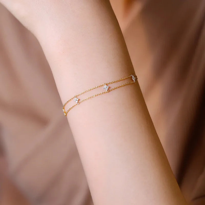 S925 Sterling Silver Plated 18K Gold Light Luxury Double-layer Flower Zircon Bracelet Exquisite Simple Temperament Jewelry Gift