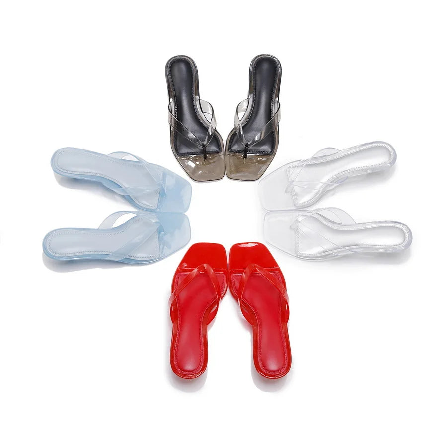 Glam Sheer Heeled Jelly Thong Sandals Women's Transparent Strap Square Toe Kitten Heels Woman Trendy Flip Flops Night Out Shoes