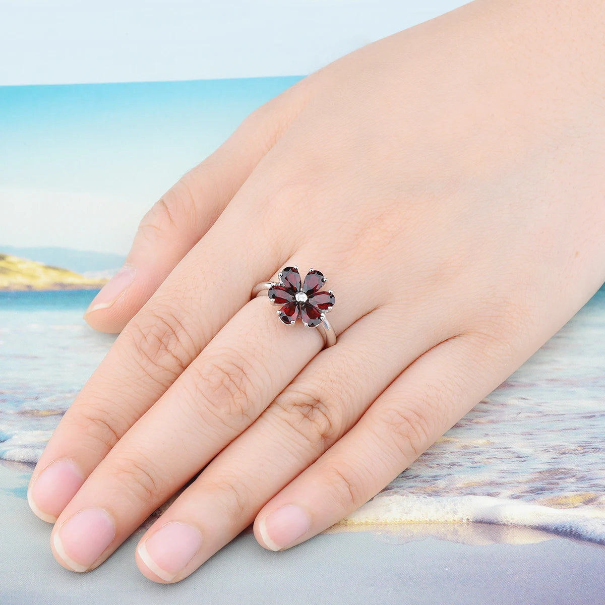 Natural Red Garnet Solid Sterling Silver Rings 2.8 Carats Genuine Gemstone Romantic Flower Design S925 Fine Jewelrys Gifts