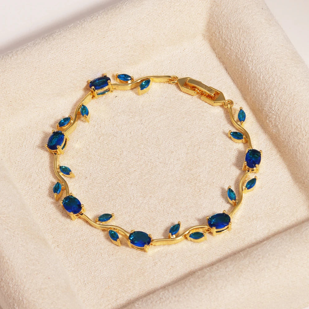 Natural Royal Women Jewelry Silver Color Dark Blue CZ Crystal Leaf Chain Link Bracelets and Bangles for Party Gift