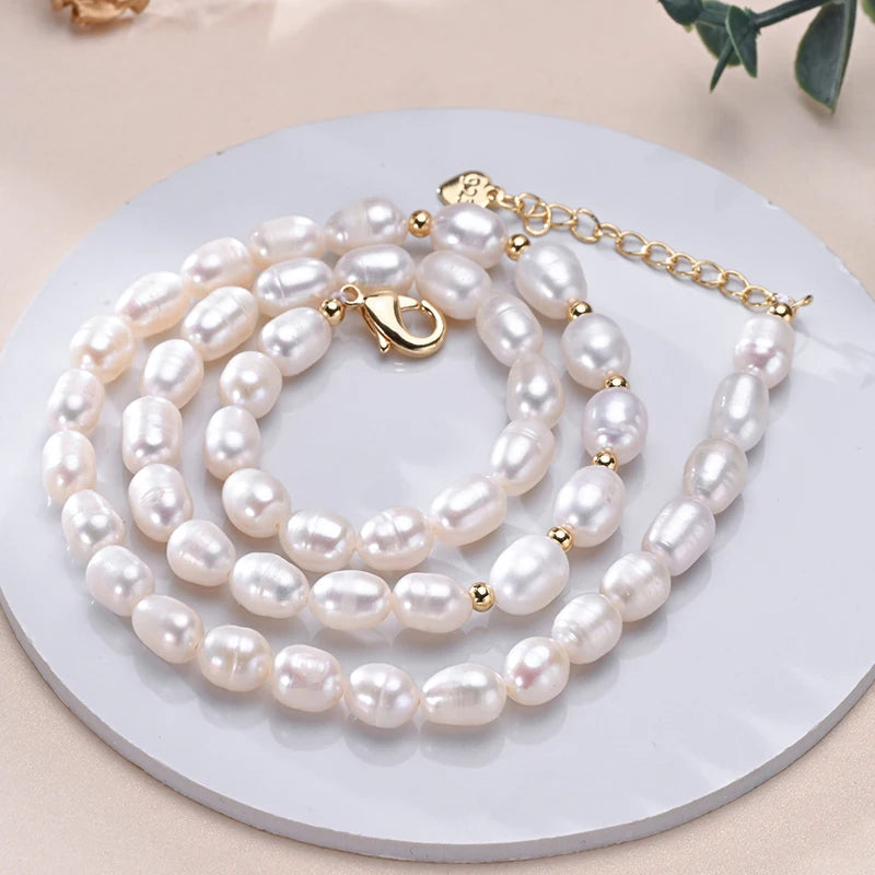 Natural Freshwater Pearls Rice Shape Multicolored Necklace Golden Beads S925 Sterling Silver Chain Fine Jewelry Gifts for Women