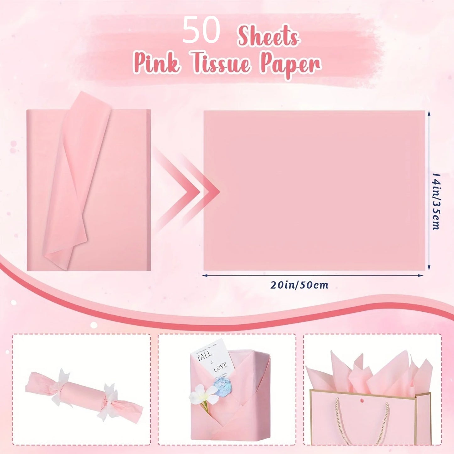 50 pink snowflake paper, 50*35 cm gift wrapping paper, suitable for party festivals, Valentine's Day, birthday gift packaging