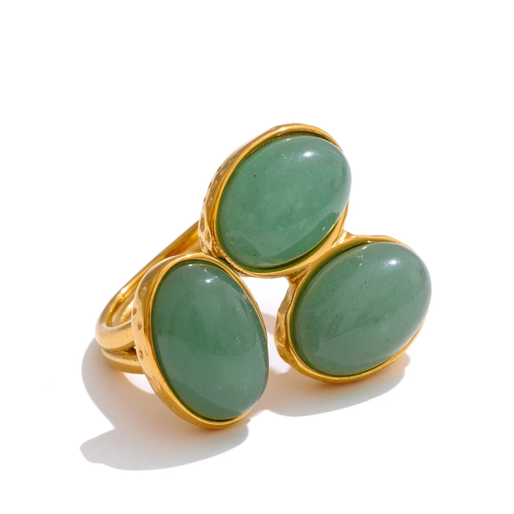 Yhpup Natural Aventurine Agate Stone Shell Pearl Flower Adjustable Ring Fashion Stainless Steel Charm Finger Jewelry Accessories