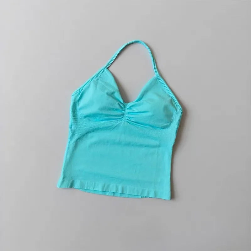 Sexy Halter Neck Beautiful Back High Waist Peach Sports Bras Shorts Suit Pilates Gathering Yoga Vest Training Fitness Bra Sets