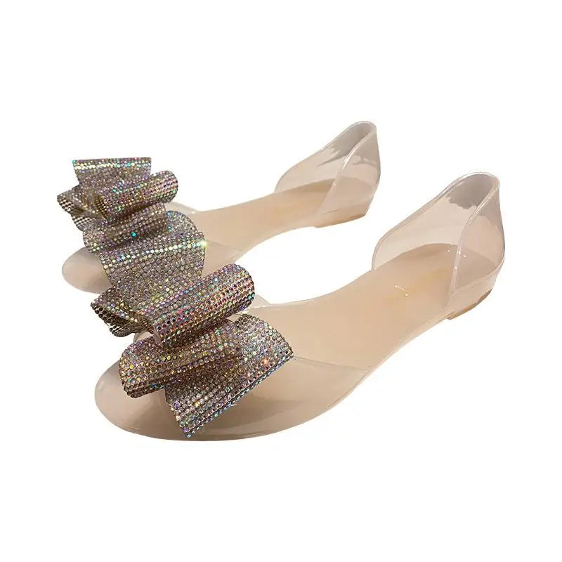 Comemore Jelly Shoes 2025 Women's Flat Fish Mouth Rhinestone Bow Beach Shoes Seaside Leisure Fashion Transparent Plastic Sandals