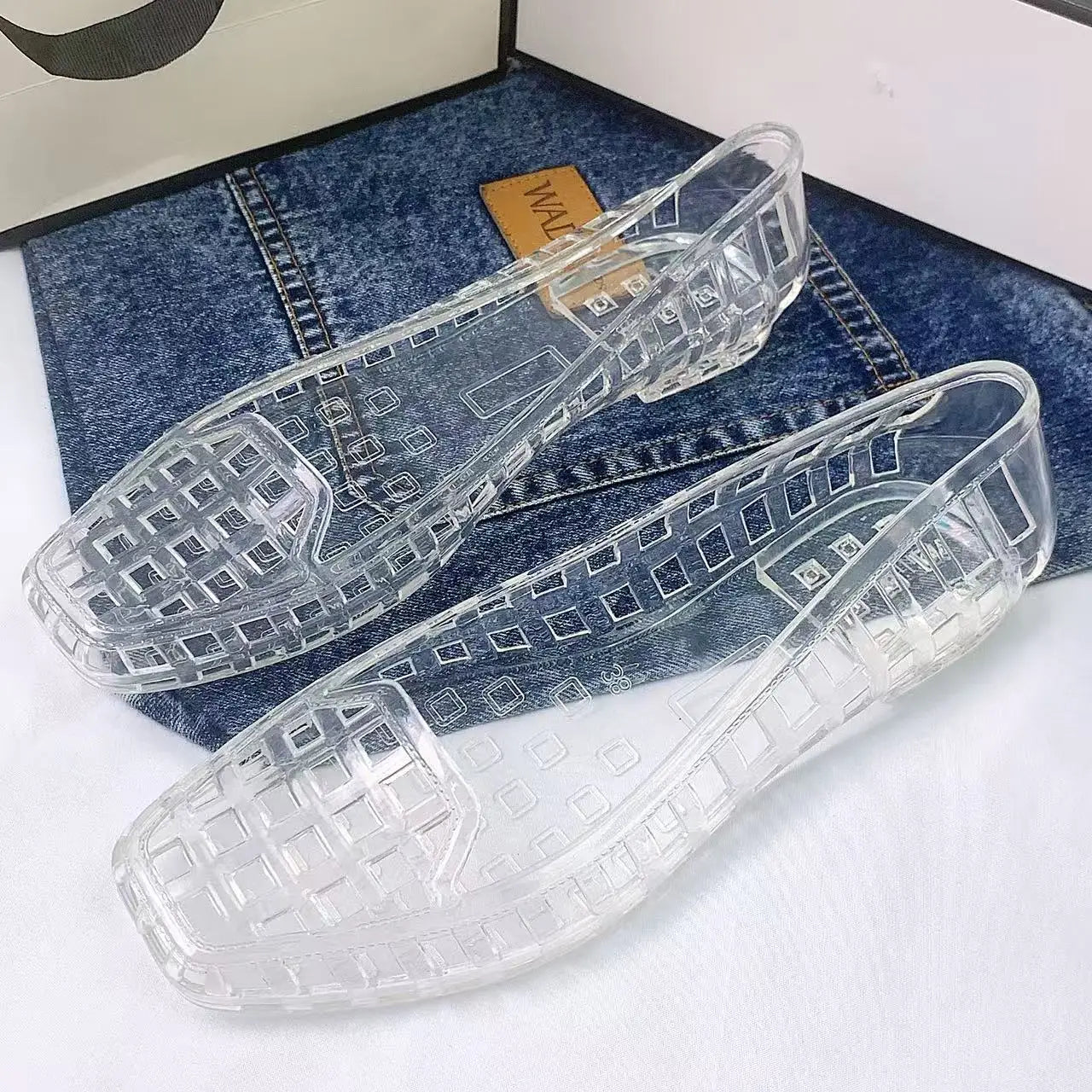 Spring and Summer New Korean Style Transparent Crystal Shoes for Women, Comfortable Closed-Toe Hollow Sandals, Soft and Fashionable Dongdaemun Jelly Shoes, Slip-On Slippers