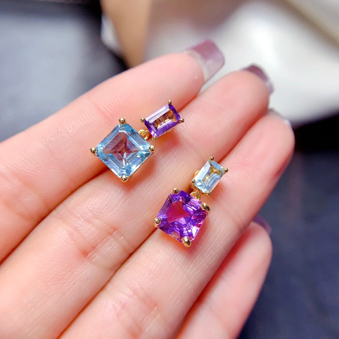 FS S925 Sterling Silver Natural Amethyst Topaz Asymmetric Earrings for Women Fine Charm Wedding Jewelry With Certificate MeiBaPJ