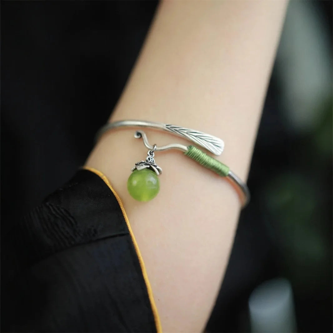silver 925 Natural chalcedony Round Beads Bracelet Fresh Green Milk Lid and Leaf Opening Bracelets Classic Jewelry Gifts