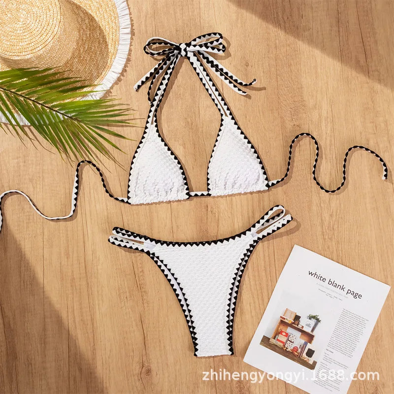 Swimwear White 2 Piece Strapless Swimsuit for Women Sexy Bandeau Backless Bikini Set Lace-up Patchwork Bathing Suit 2025 New