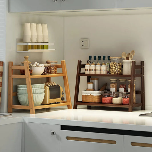 2 Layer Spice Caddy Shelf Bamboo Kitchen Storage Rack Desktop Cabinet Organizer Display Rack Coffee Bar Counter Shelf Cup Holder