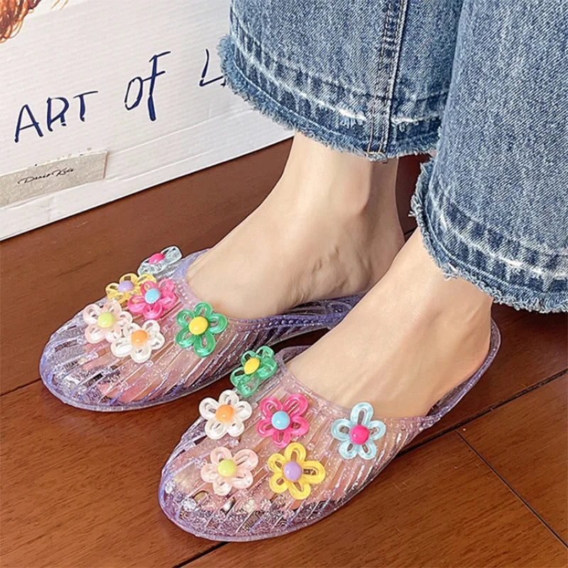 Fashionable Jelly Shoes Women's 2026 Summer Korean Style DIY Colorful Flower Mules Sandals Woman Transparent Crystal Beach Slide