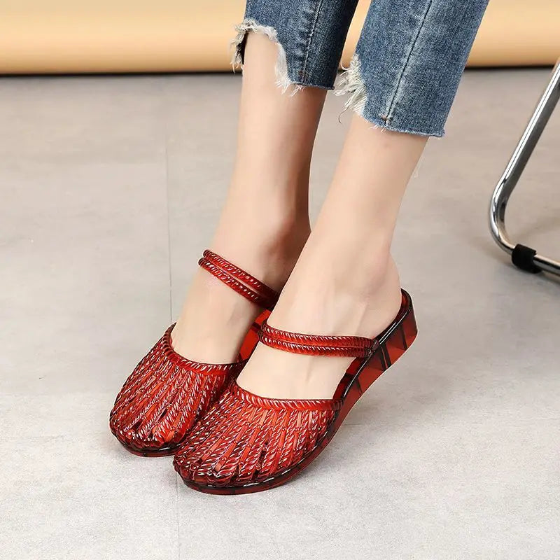 sandalias de mujer verano 2026 closed toe crystal jelly shoes two-way wear sandals for girls wedge cut-outs clogs